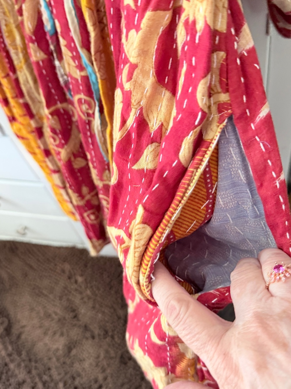 Kantha- Bohemian Drawstring Casual Dress in Pink and Yellow - Picture 5 of 9
